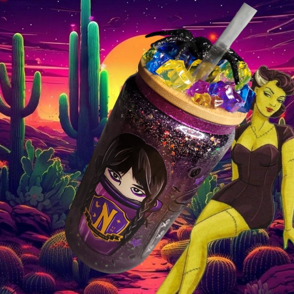 Wednesday Addams Liquid Glitter 16oz Glass Tumbler NWT Handmade